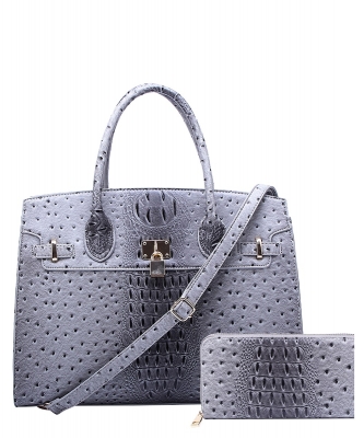 Ostrich Croc Padlock 2n1 Satchel Faux leather OS1096W GRAY